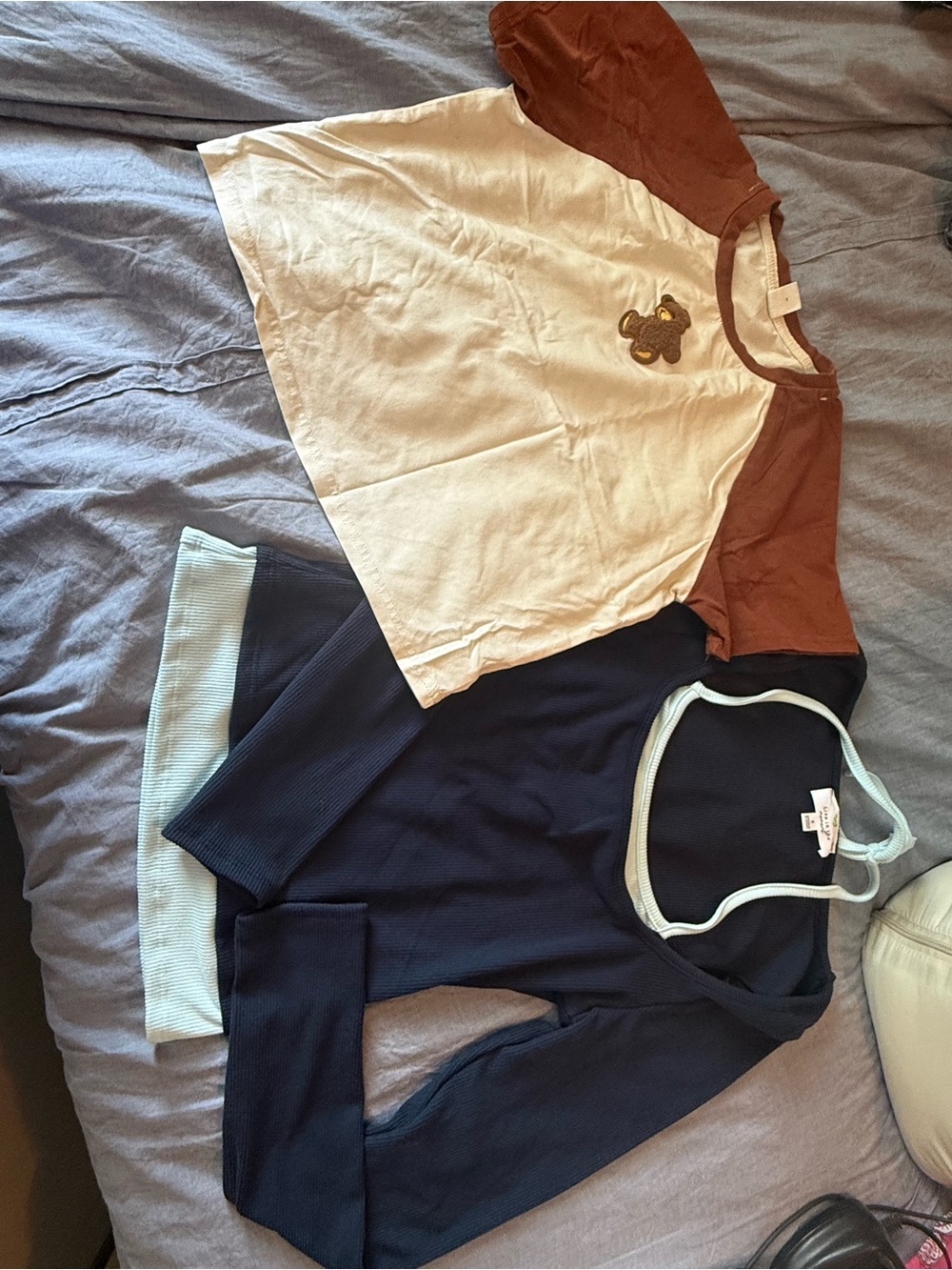 SHEIN Cream and Brown Raglan Tee with Bear Patch